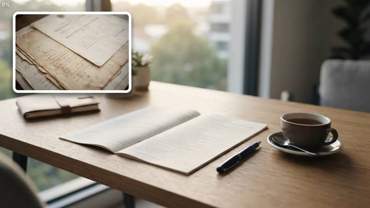 A printed ruling open on a desk beside a pen and a cup of tea, morning light